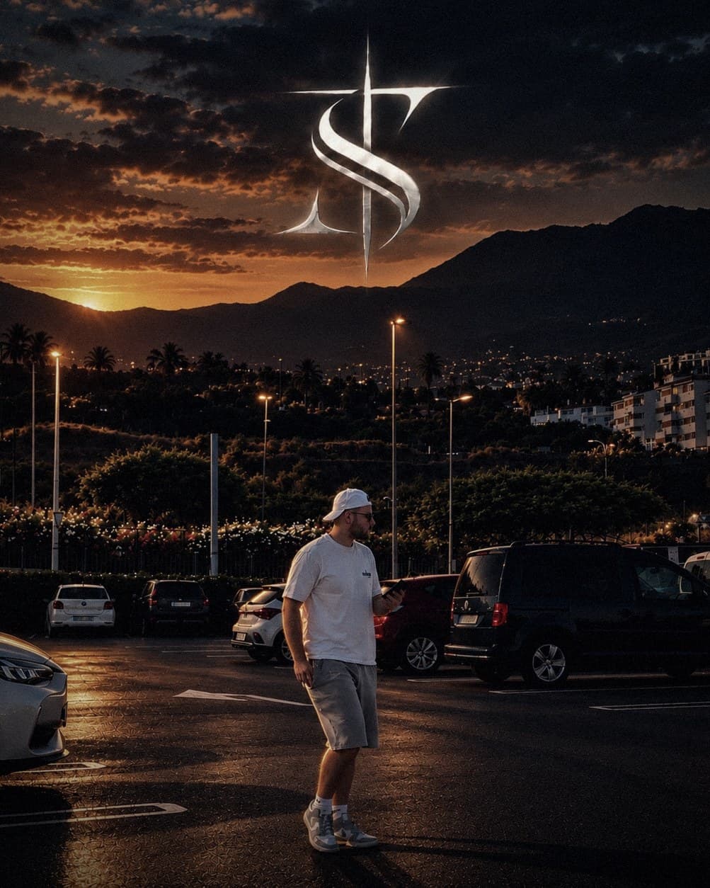 Alessandro Mihai walking across a car park at sunset, mountains and city lights behind him